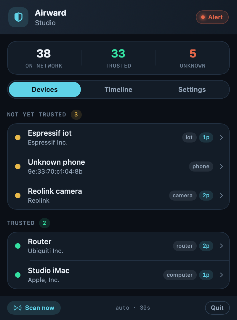 Airward's device list showing every device found on the network, grouped by trust.